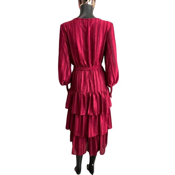 Melonie T Red Tiered Ruffle Midi Dress Size 10 Long Sleeve V-Neck Holiday Party - Picture 3 of 9